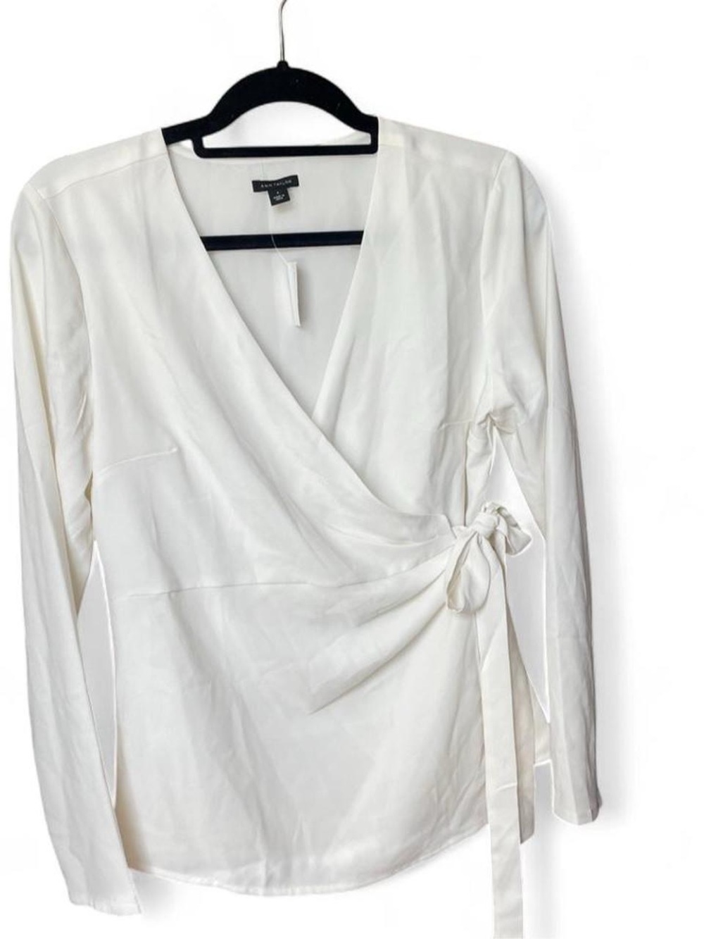 Ann Taylor White Wrap-Front Long Sleeve Blouse